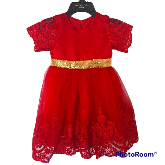 Alexandra Red Lace and Gold Holiday Big Bow Dress - Picture 1 of 3